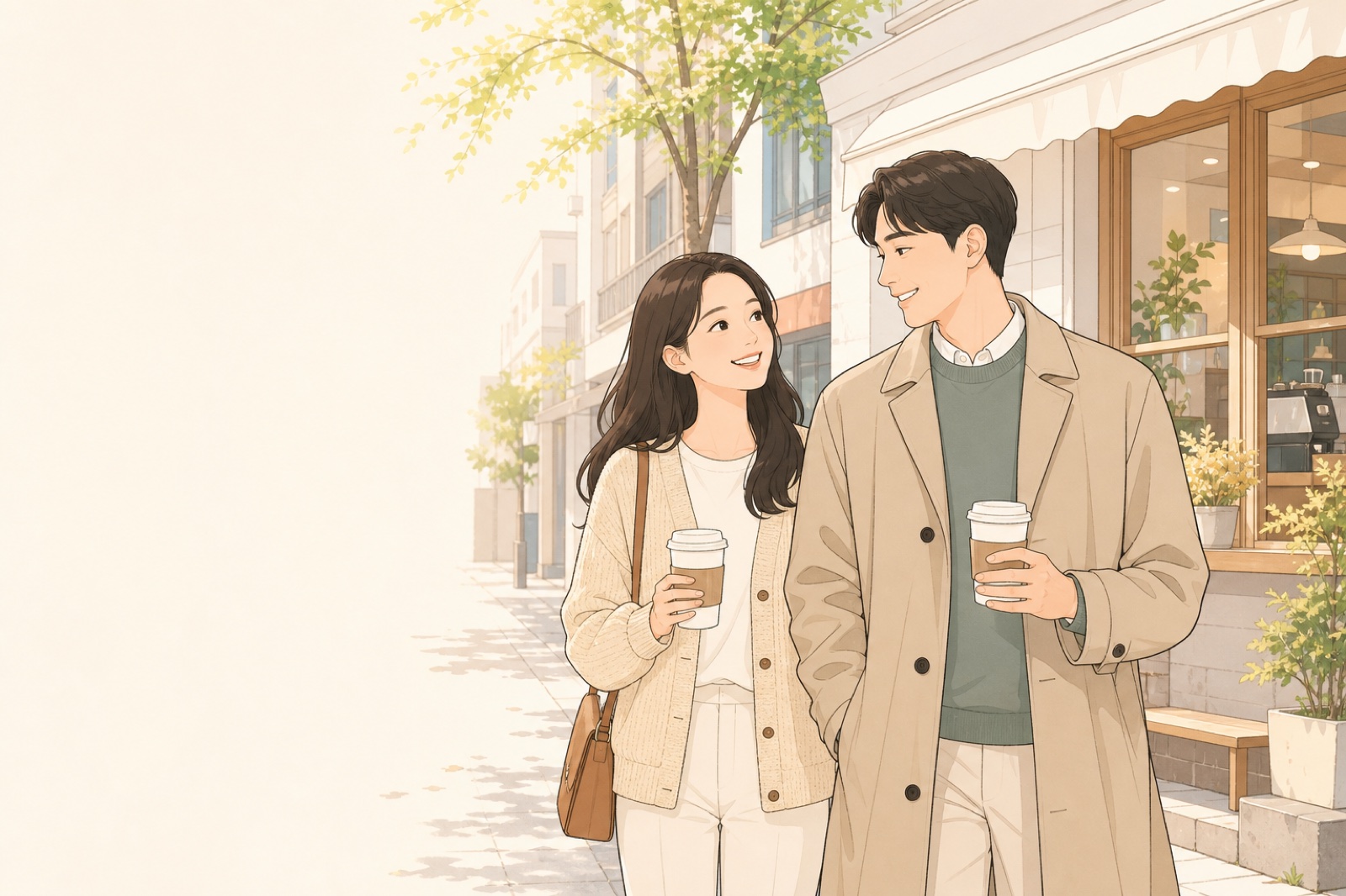 두 사람이 따뜻한 저녁 거리에서 커피를 들고 나란히 걷는 연애 타입 이미지