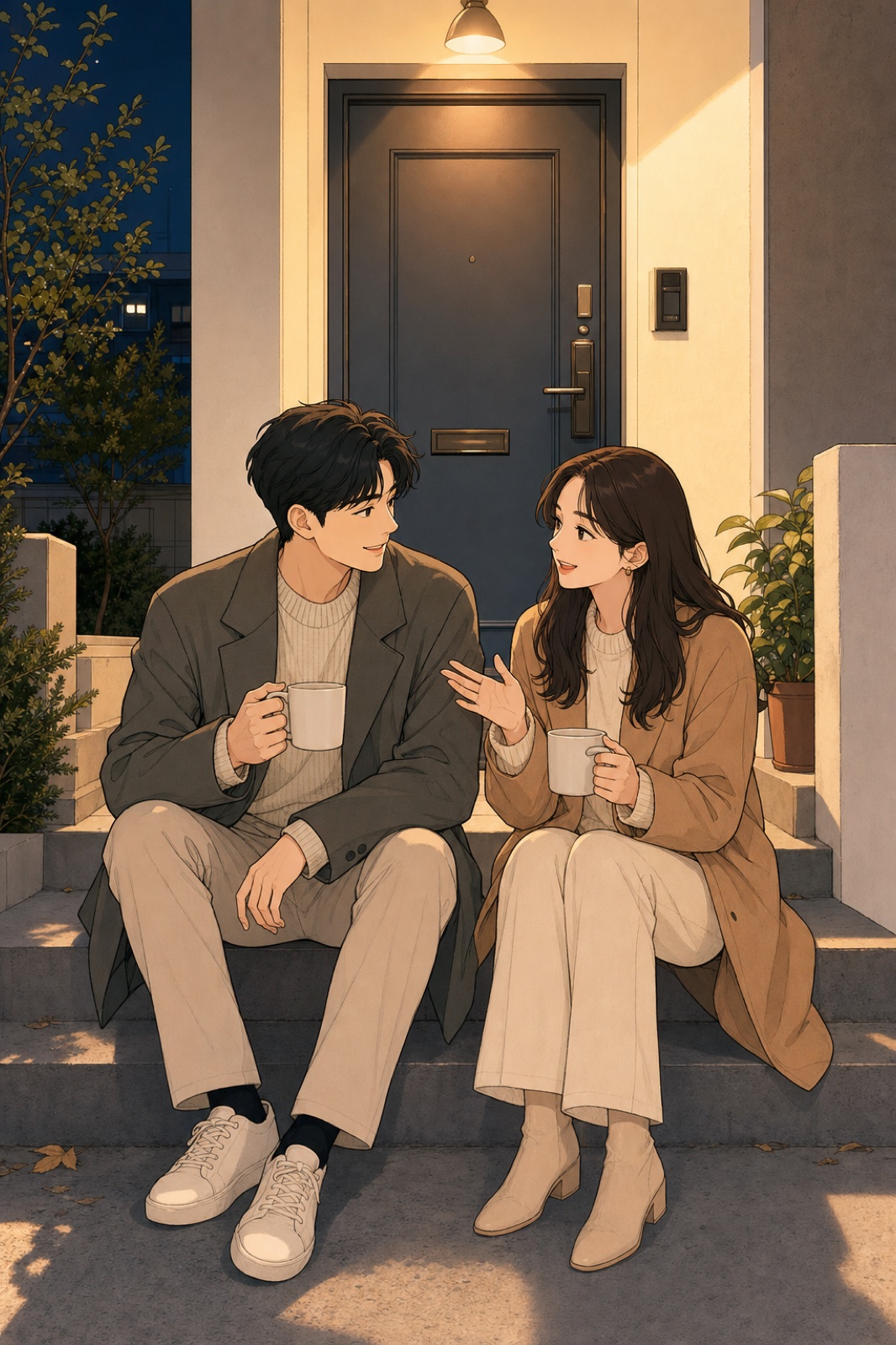 커플이 밤의 현관 계단에서 차분하게 대화하는 장면