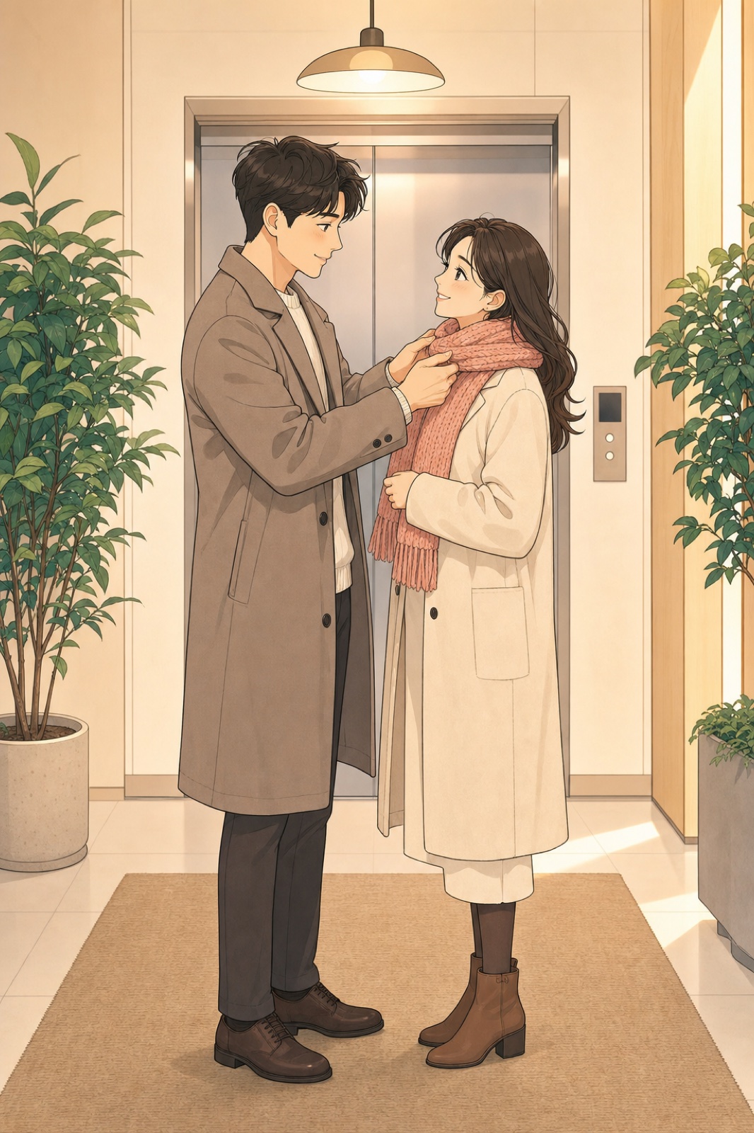 커플이 엘리베이터 앞에서 따뜻하게 스카프를 매만지는 장면
